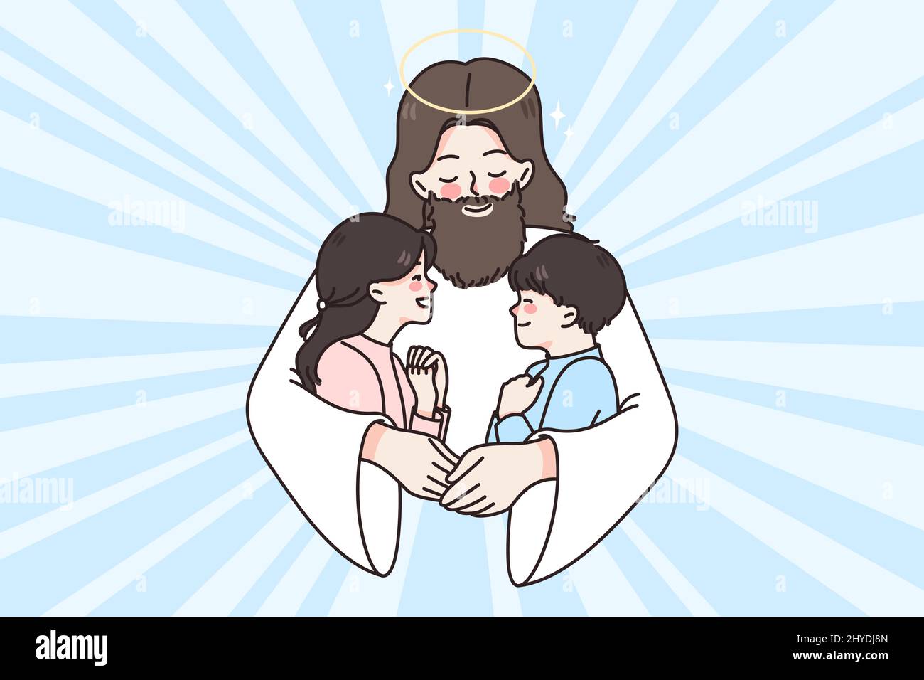 Gesù Cristo abbraccia coccole piccoli bambini dare amore e cura. Il Signore attento del padre abbraccia i bambini piccoli ripartiscono le buone emozioni e l'aiuto. Fede e religione concetto. Illustrazione vettoriale piatta. Illustrazione Vettoriale