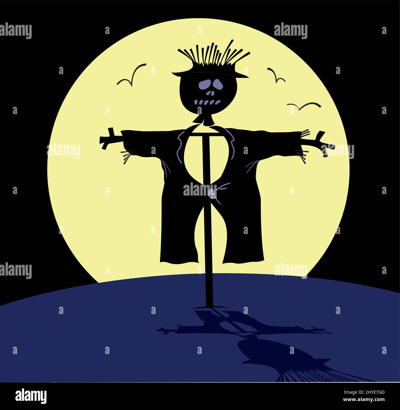 Notte. Luna piena. Divertente illustrazione della silhouette di scarecrow. Scarabronco cartoon, uccelli su sfondo luna pieno Illustrazione Vettoriale