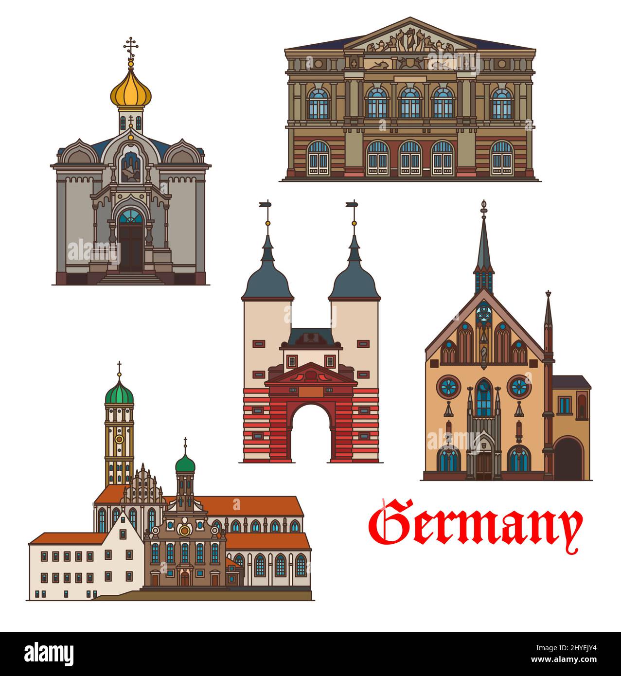 Germania edifici di Baden-Baden e Heidelberg, architettura e luoghi di interesse turistico. Chiesa ortodossa russa e Sankt Afra kirche, Kloster Lichtenthal e Karlstor porte del ponte Heidelberg Illustrazione Vettoriale