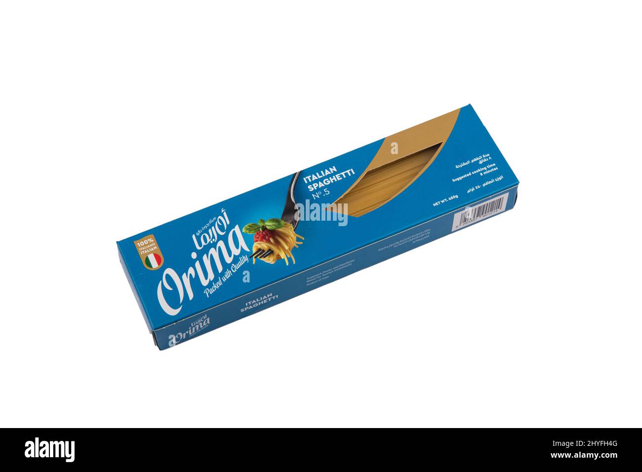 ORIMA ITALIAN SPAGHETTI NO.5 FAMILY PACK 800GM SU BACKGROUN BIANCO Foto Stock
