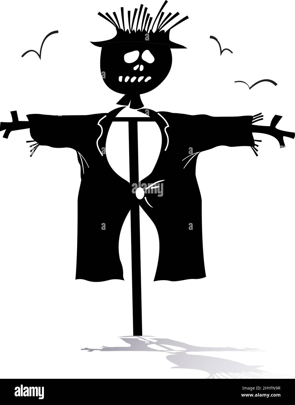 Divertente illustrazione della silhouette di scarecrow. Cartoon scarecrow e uccelli nero su sfondo bianco Illustrazione Vettoriale