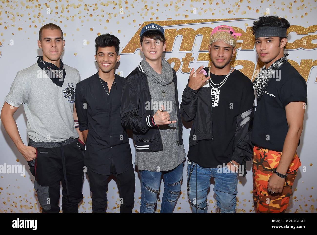 CNCO all'America's Got Talent spettacolo dal vivo e tappeto rosso tenuto al Dolby Theatre il 14 agosto 2018 a Hollywood, California. Foto Stock