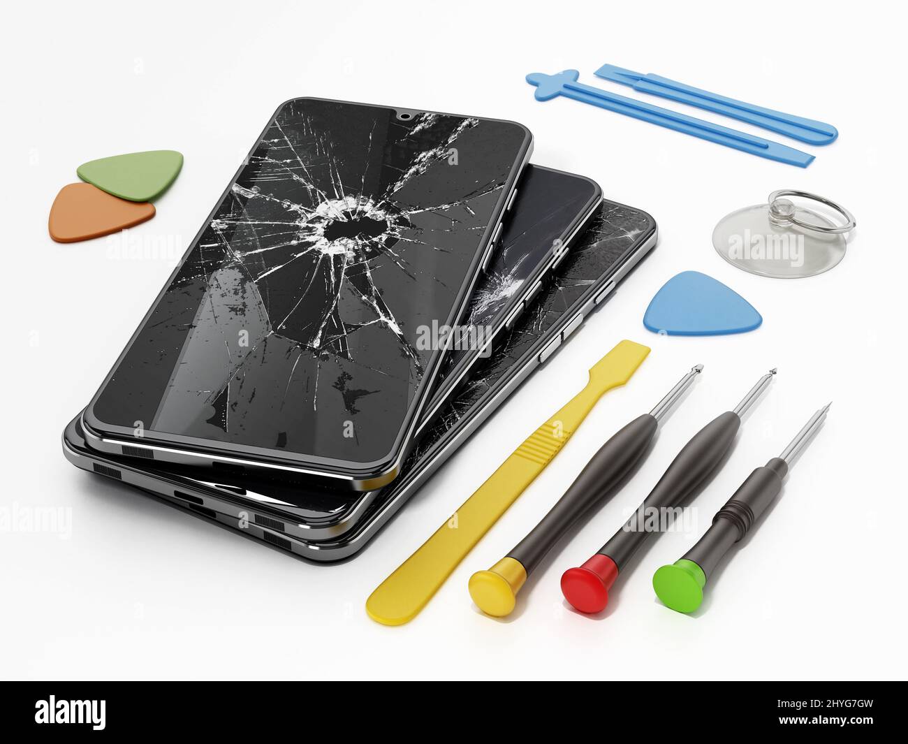 Strumenti di riparazione e smartphone con schermi rotti isolati su sfondo bianco. Foto Stock