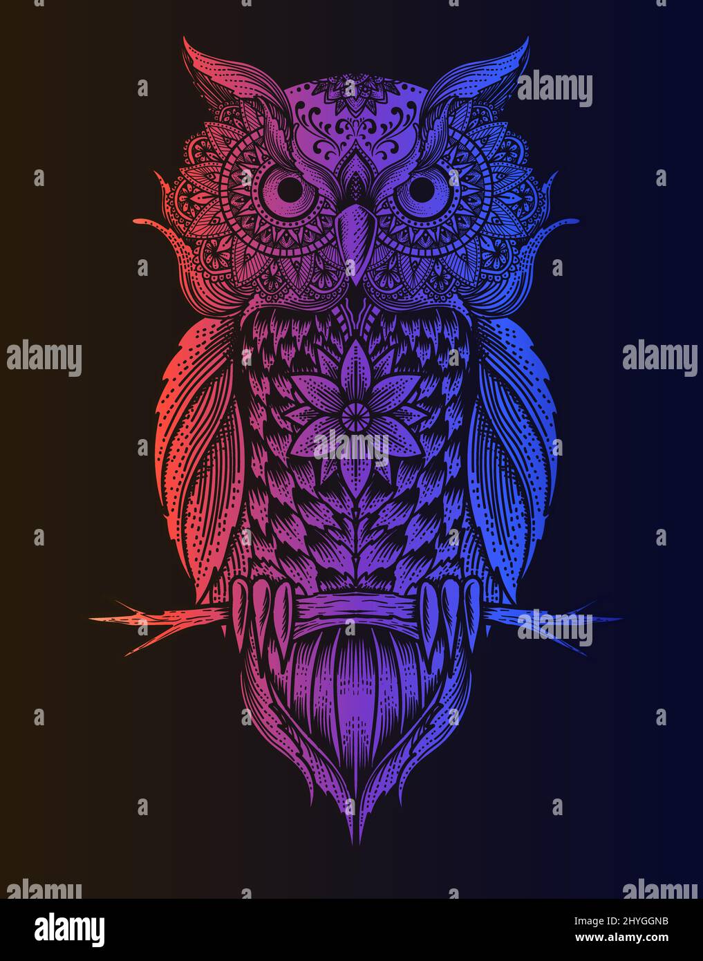 illustrazione gufo uccello stile mandala con colore neon Illustrazione Vettoriale
