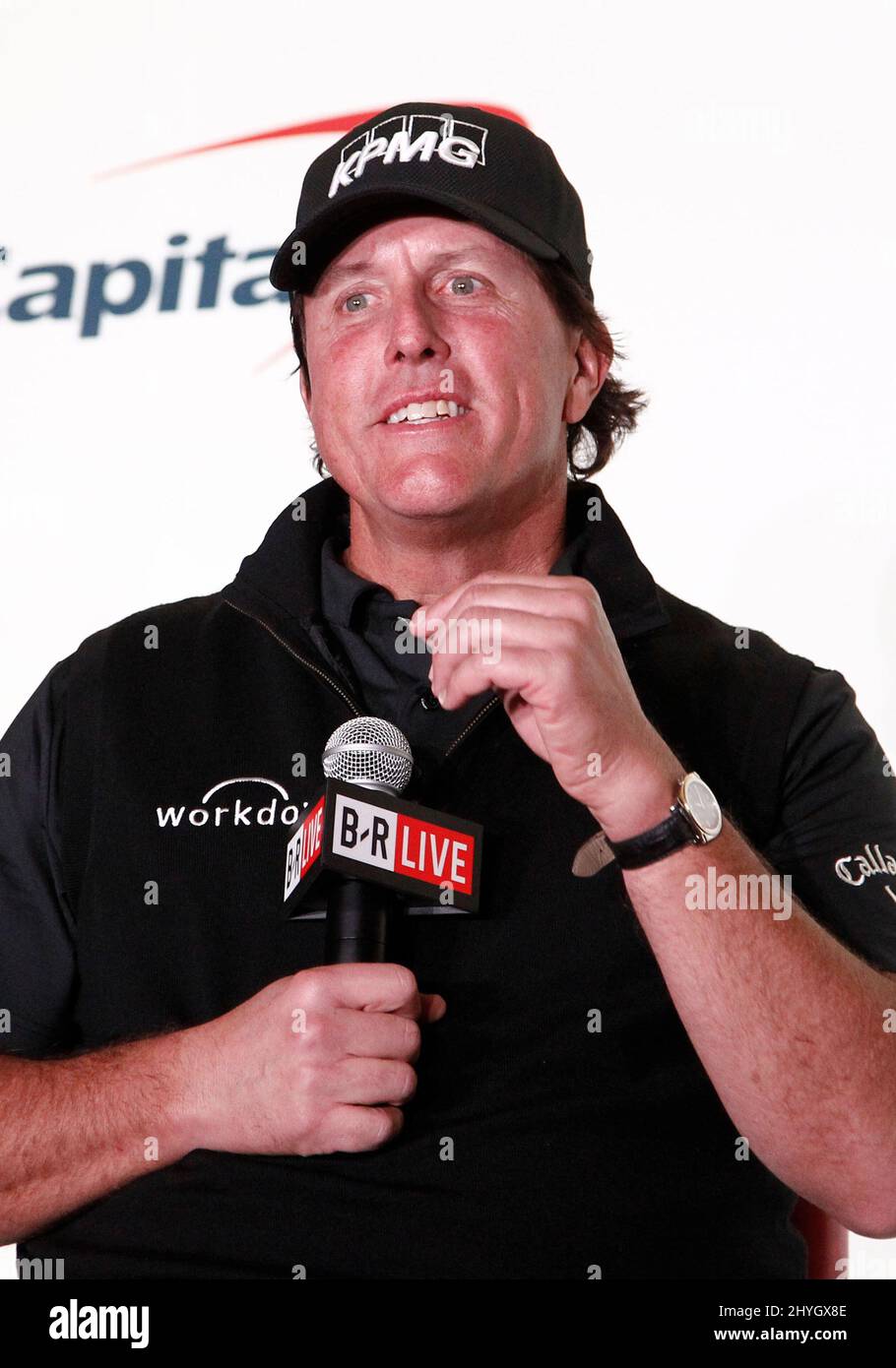 Phil Mickelson durante una conferenza stampa prima di 'The Match' allo Shadow Creek Golf Course, a Las Vegas, Nevada Foto Stock