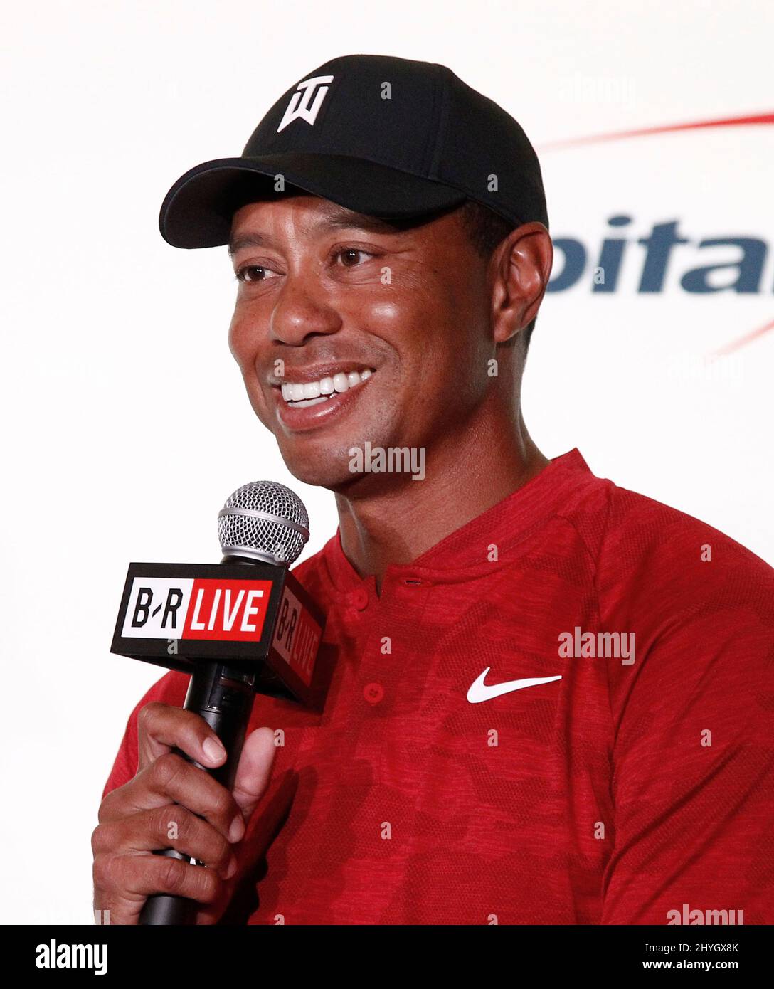 Tiger Woods durante una conferenza stampa prima di 'The Match' allo Shadow Creek Golf Course, a Las Vegas, Nevada Foto Stock