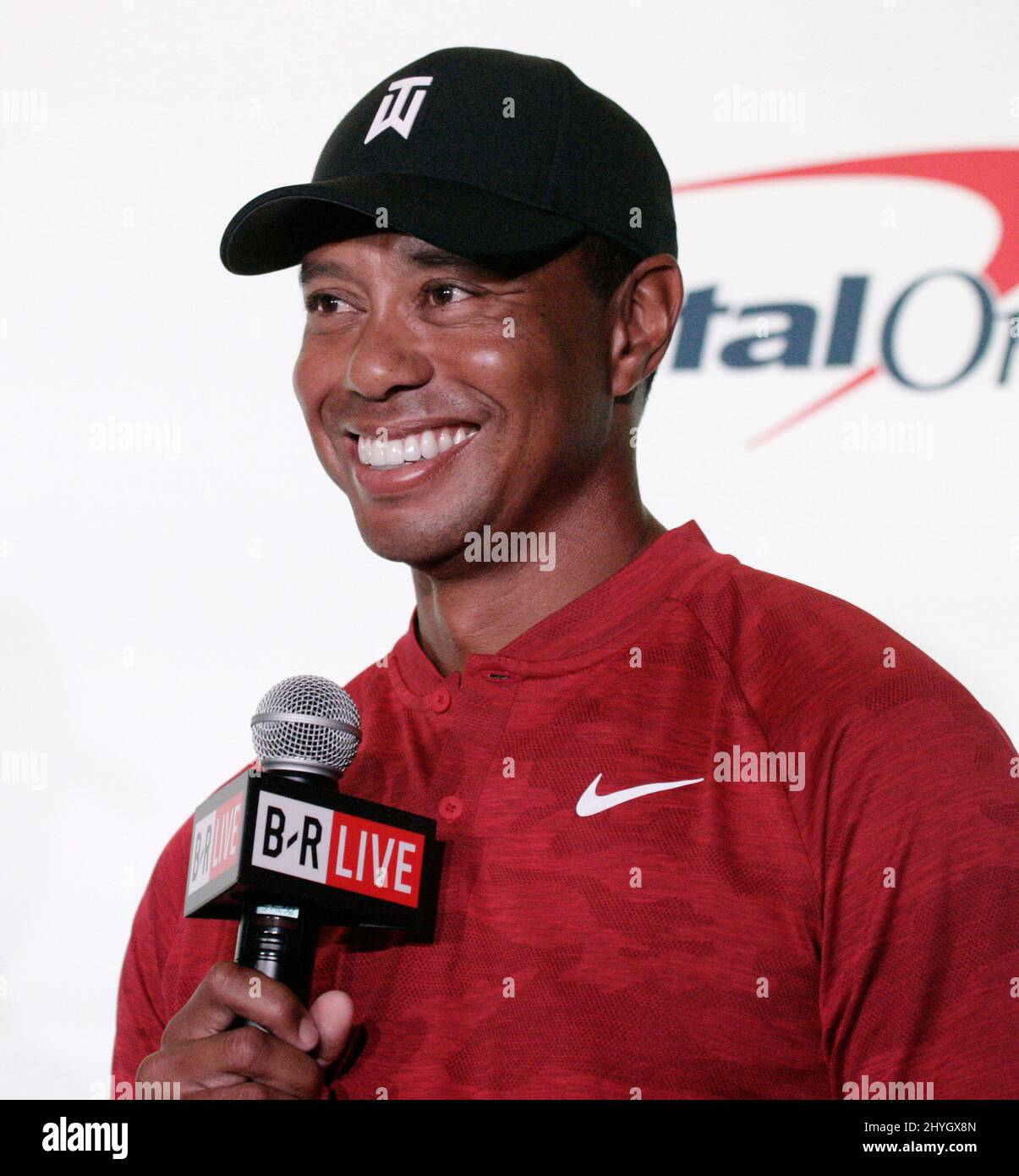 Tiger Woods durante una conferenza stampa prima di 'The Match' allo Shadow Creek Golf Course, a Las Vegas, Nevada Foto Stock