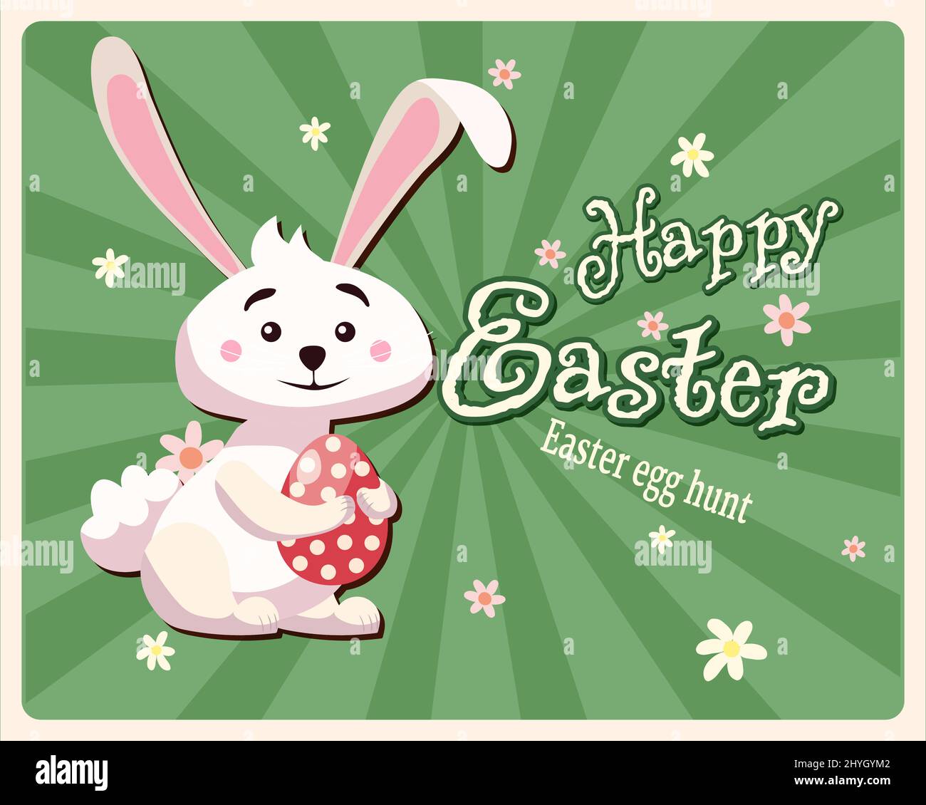 Poster retro felice Pasqua. Biglietto di auguri con coniglio, coniglietto, uovo. Grafica vettoriale vintage Illustrazione Vettoriale