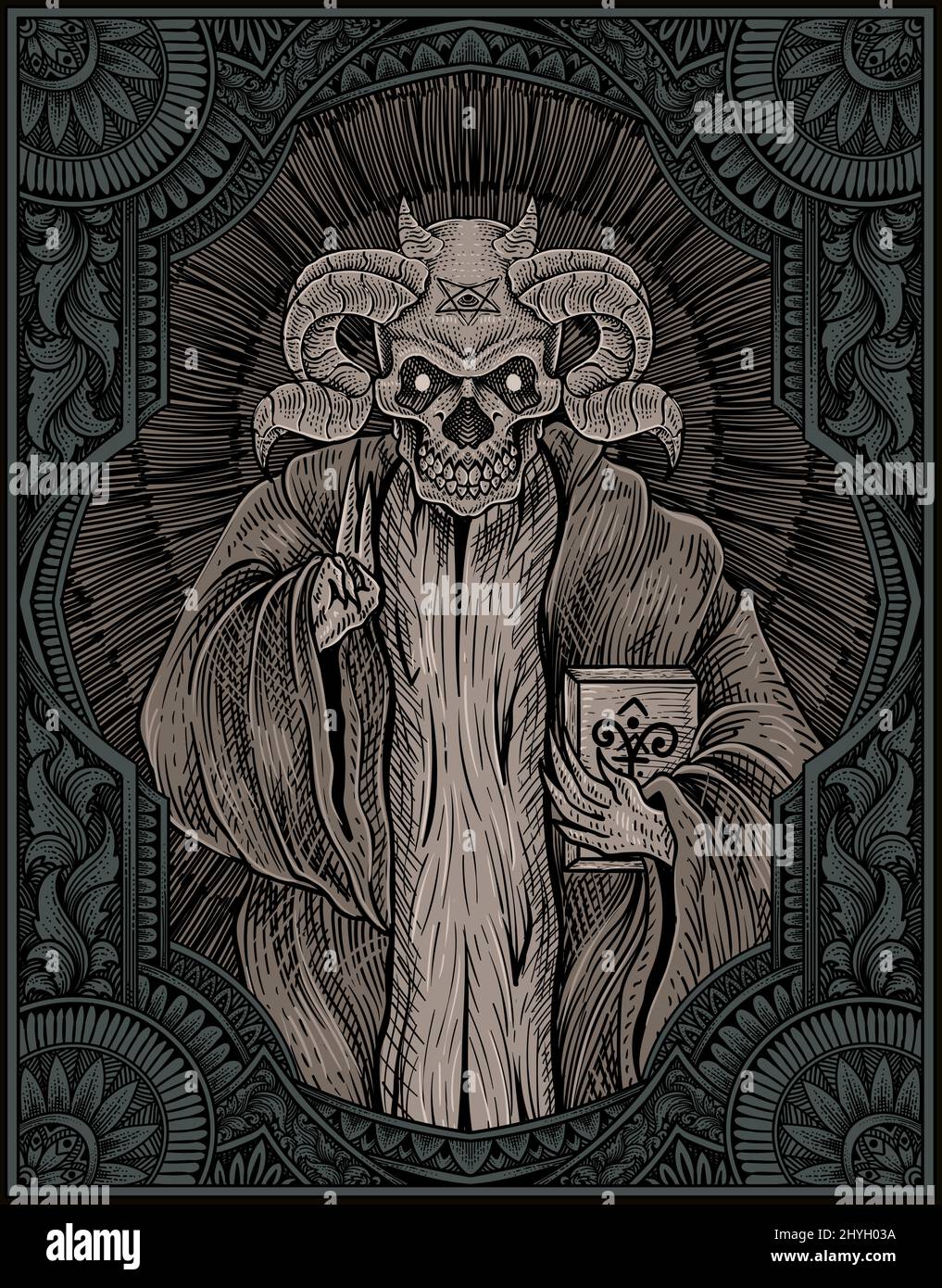 demone di illustrazione con cornice di incisione Illustrazione Vettoriale