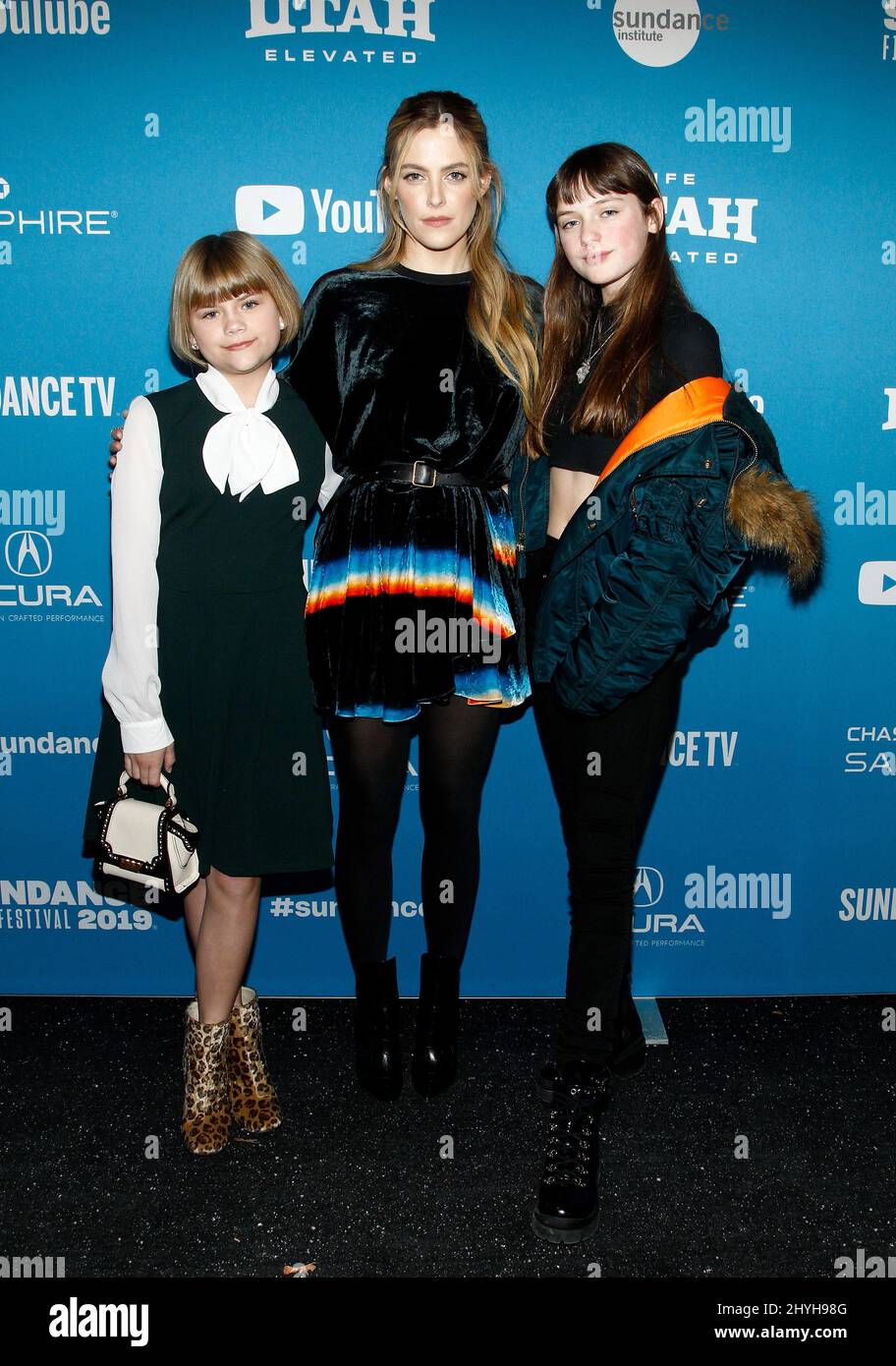 LIA McHugh, Riley Keough e Lola Reid alla prima di 'The Lodge' durante il Sundance Film Festival 2019 tenuto al Teatro Eccles il 25 gennaio 2019 a Park City. Foto Stock