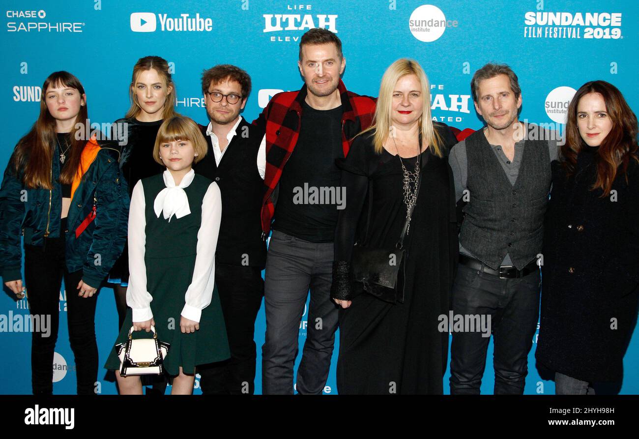 Lola Reid, Riley Keough, Lia McHugh, Severin Fiala, Richard Armitage, Veronika Franz e Aaron Ryder alla prima di 'The Lodge' durante il Sundance Film Festival 2019 tenuto al Teatro Eccles il 25 gennaio 2019 a Park City. Foto Stock