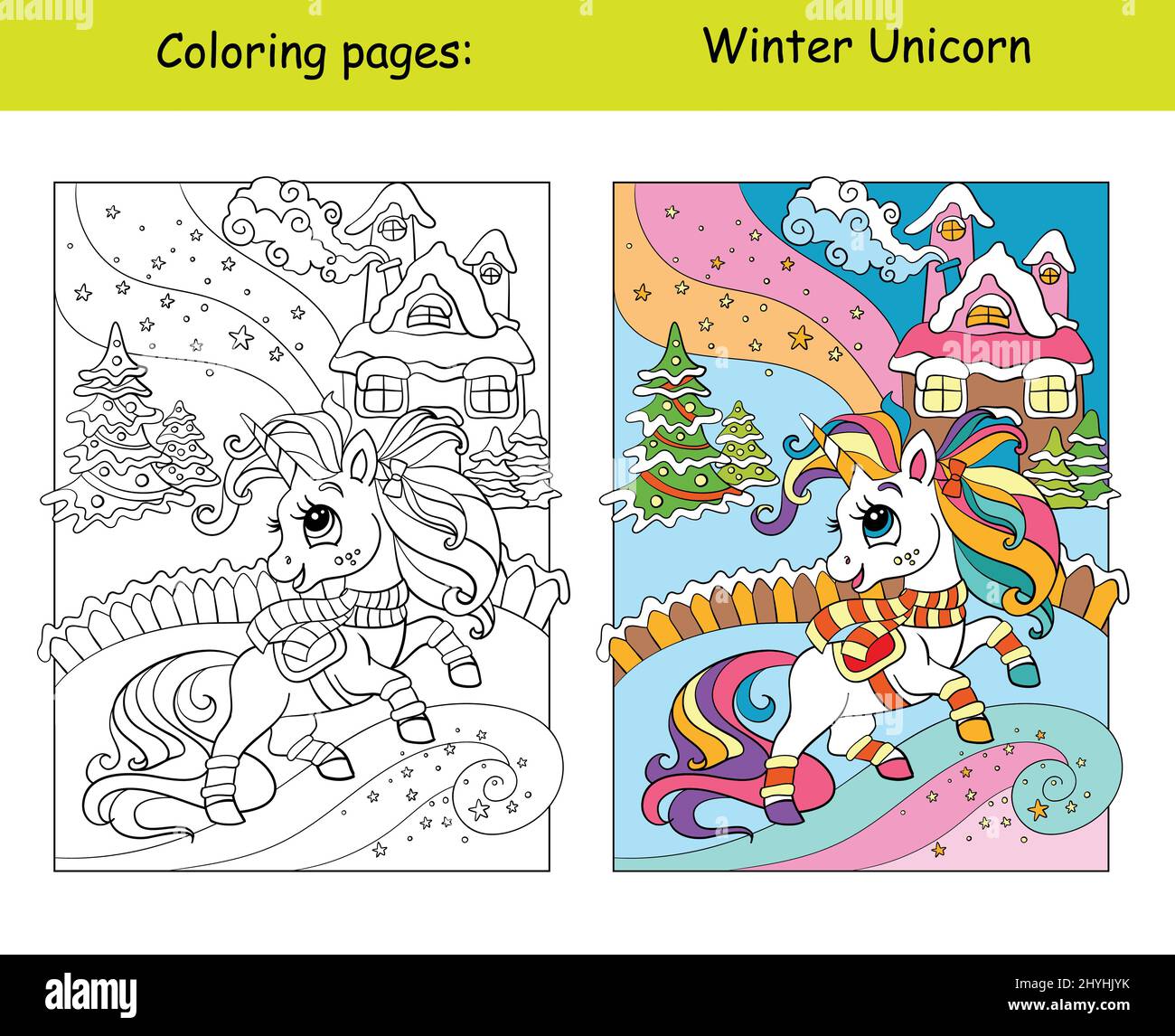 Simpatico e divertente unicorno su sfondo invernale. Pagina del libro da colorare con modello a colori. Illustrazione di un cartoon vettoriale. Per i bambini che colorano, carta, stampa, de Illustrazione Vettoriale