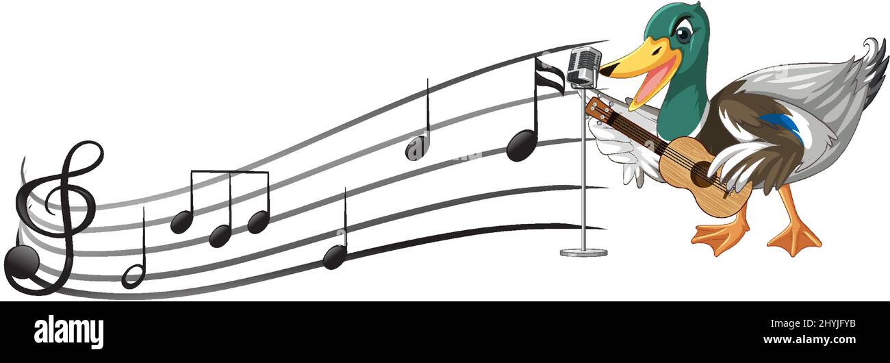 La chitarra anatra suona, ukulele con illustrazione di nota musicale Illustrazione Vettoriale