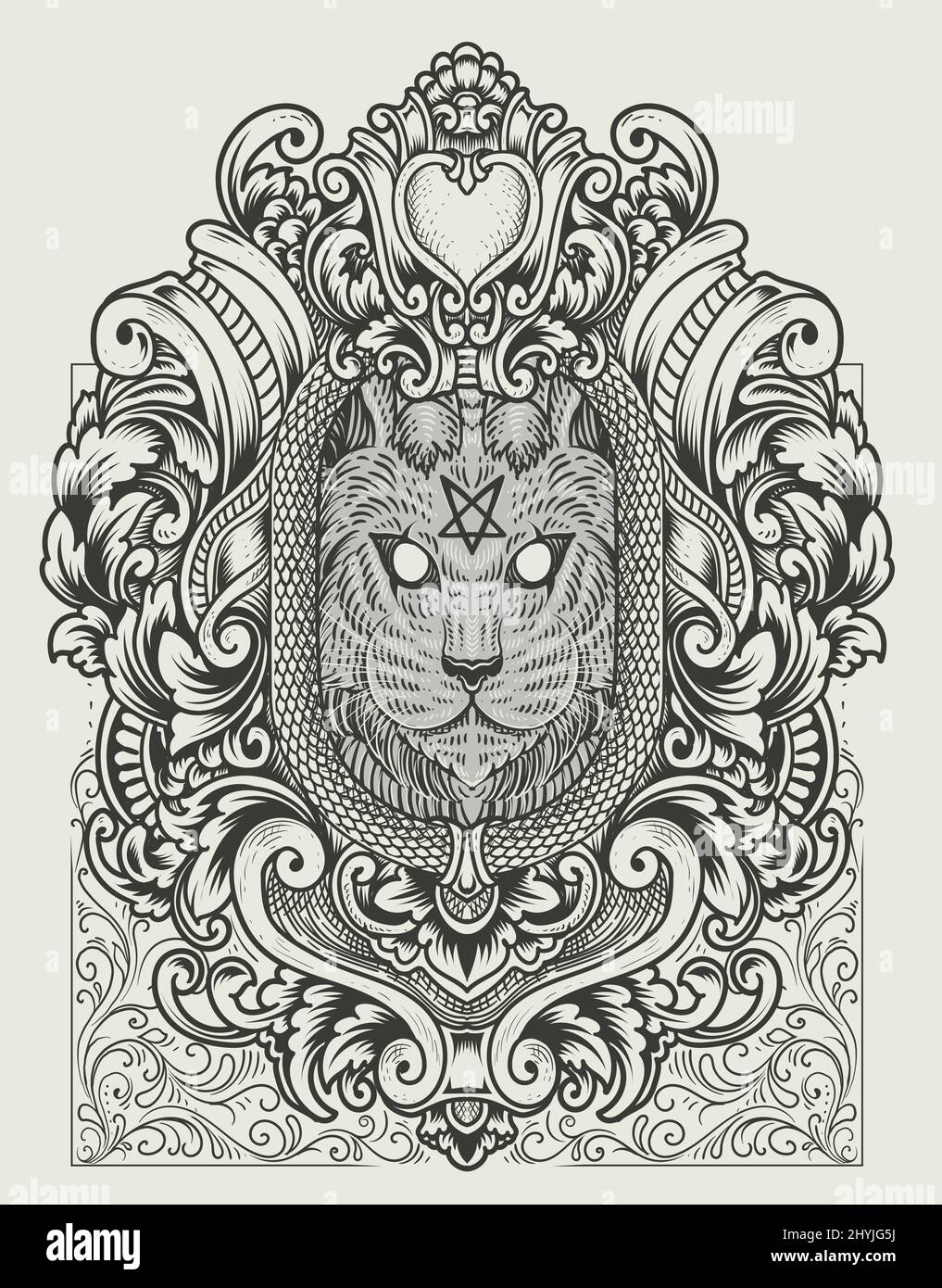 illustrazione gatto demone vintage con stile incisione Illustrazione Vettoriale