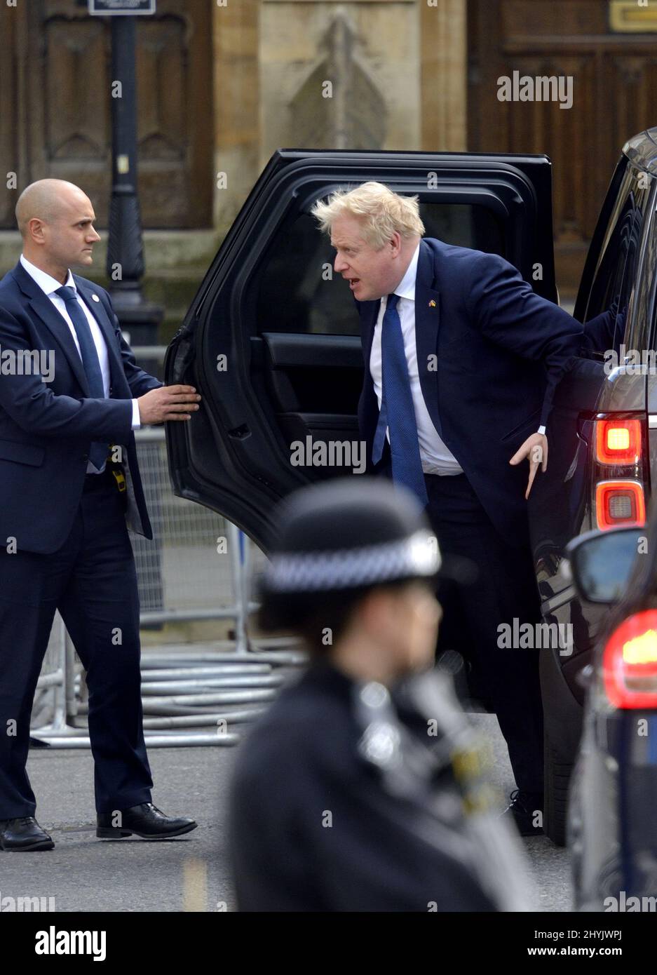 Il primo ministro britannico Boris Johnson arriva al Commonwealth Service presso Westminster Abbey, Londra, 14th marzo 2022. Foto Stock