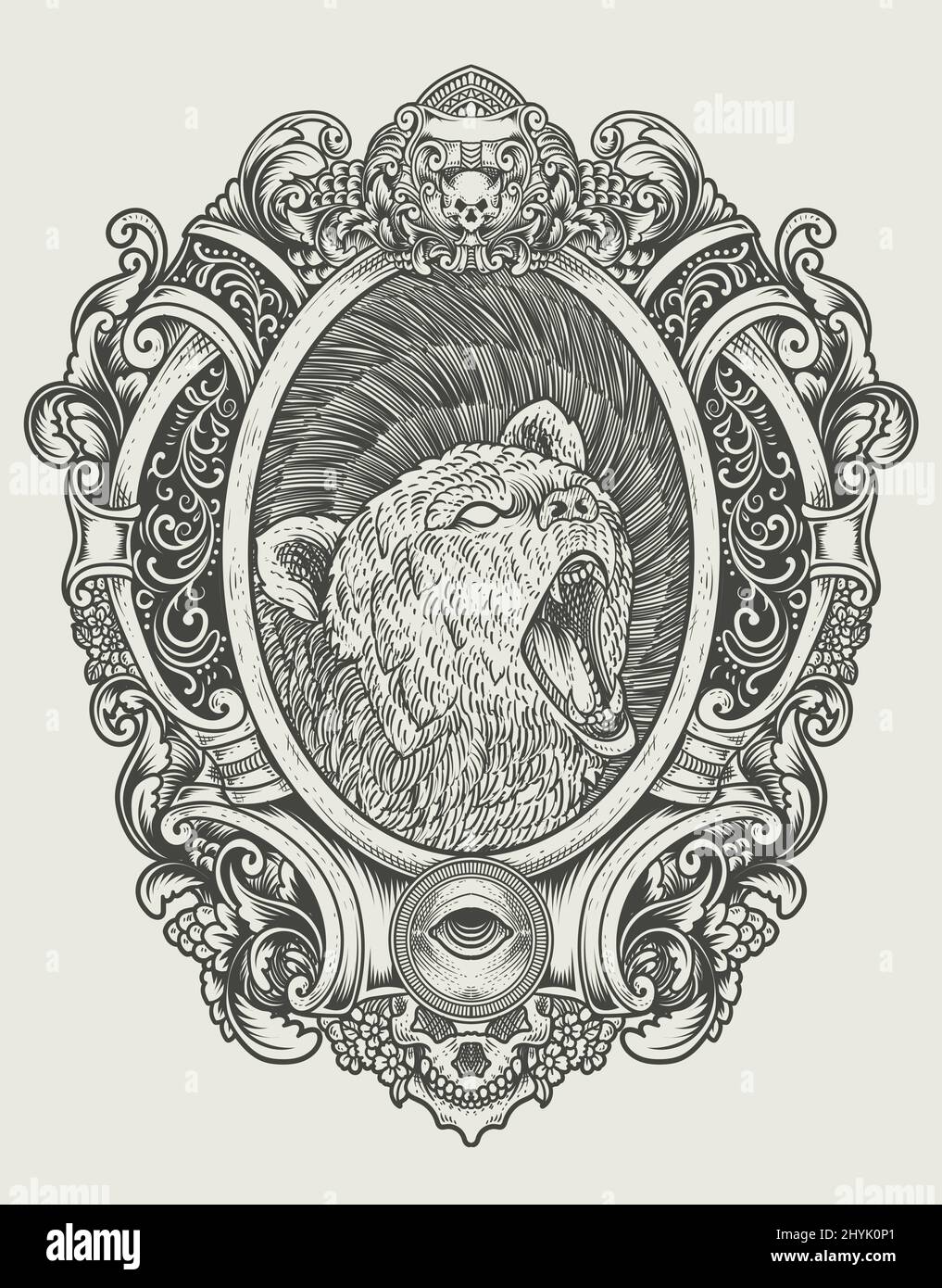 illustrazione orsetto grizzly vintage con stile incisione Illustrazione Vettoriale