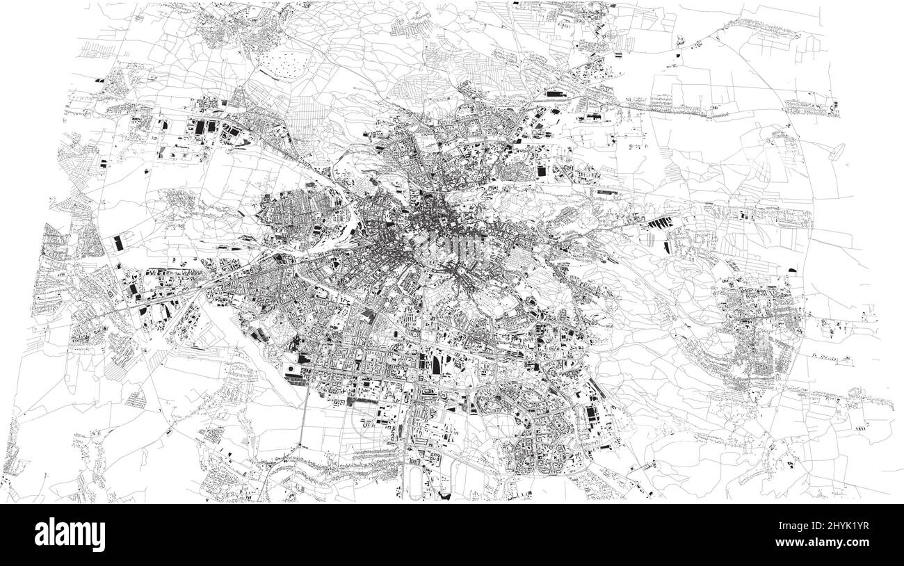 Mappa di Lviv, Ucraina. Edifici e centro città. Vista aerea. Strade e vie di comunicazione. 3d rendering. Punti di accesso alla città Illustrazione Vettoriale