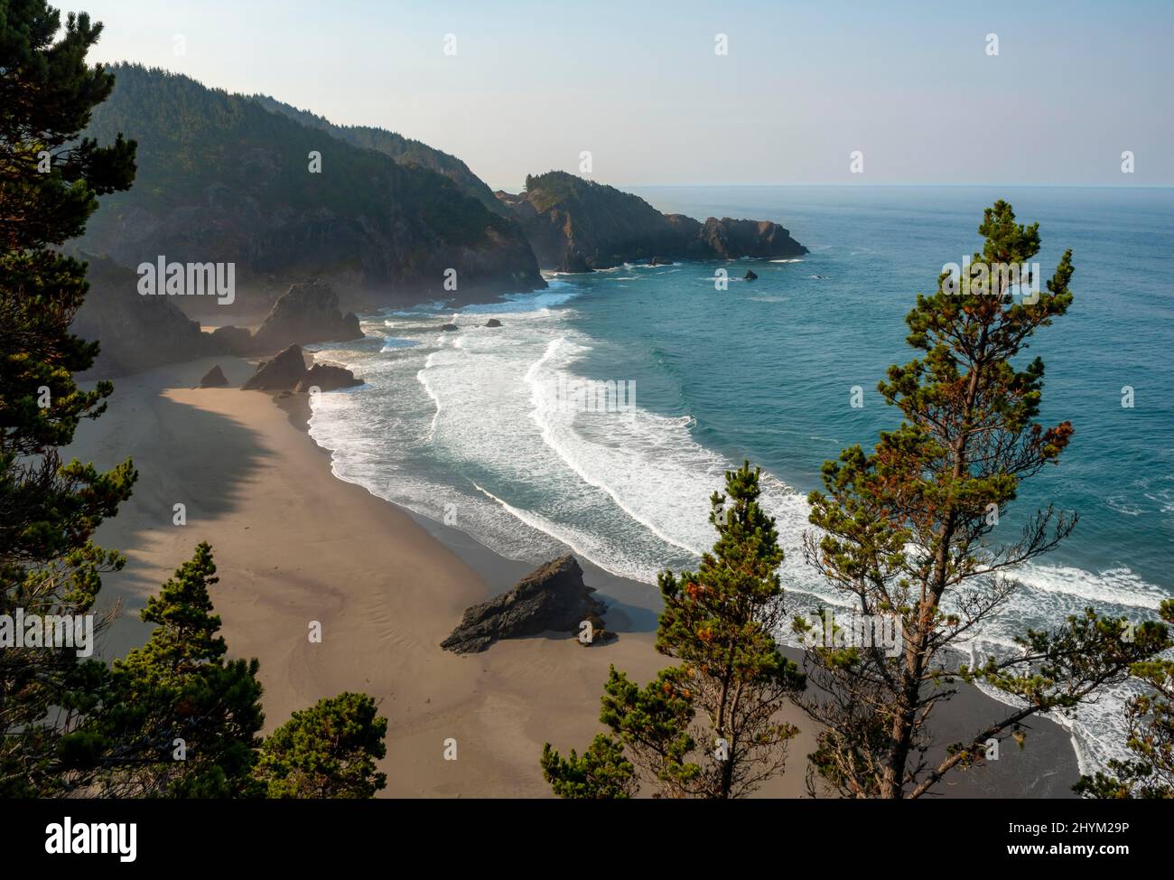 Spiaggia di sabbia sul mare, paesaggio costiero con rocce aspre, Samuel H. Boardman state Scenic Corridor, Indian Sands Trail, Oregon, USA Foto Stock