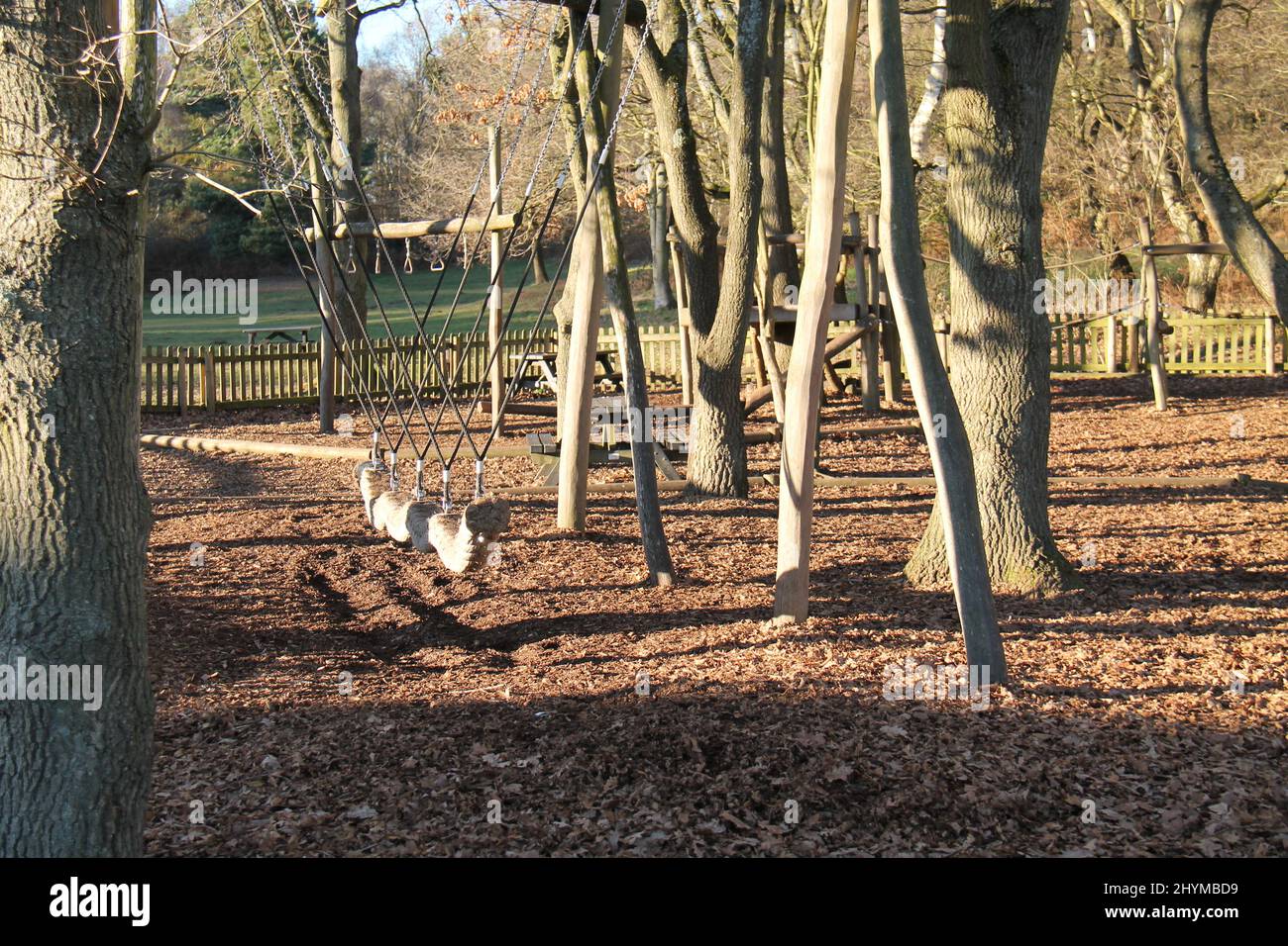 Una lunga oscillazione in legno in un'area di gioco del bosco. Foto Stock