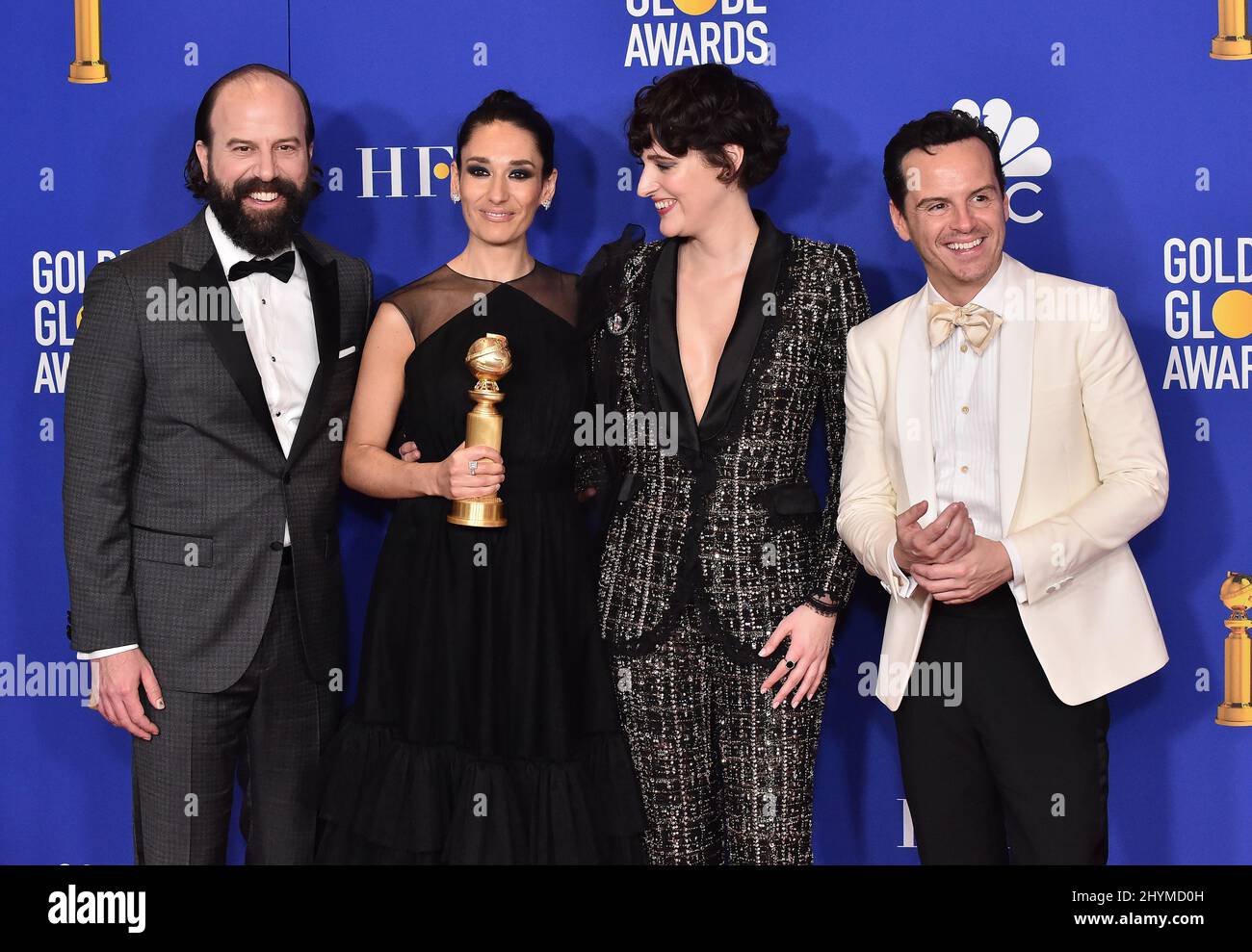 Brett Gelman, Sian Clifford, Phoebe Waller-Bridge e Andrew Scott nella sala stampa al Golden Globe Awards 2020 al Beverly Hilton Hotel Foto Stock