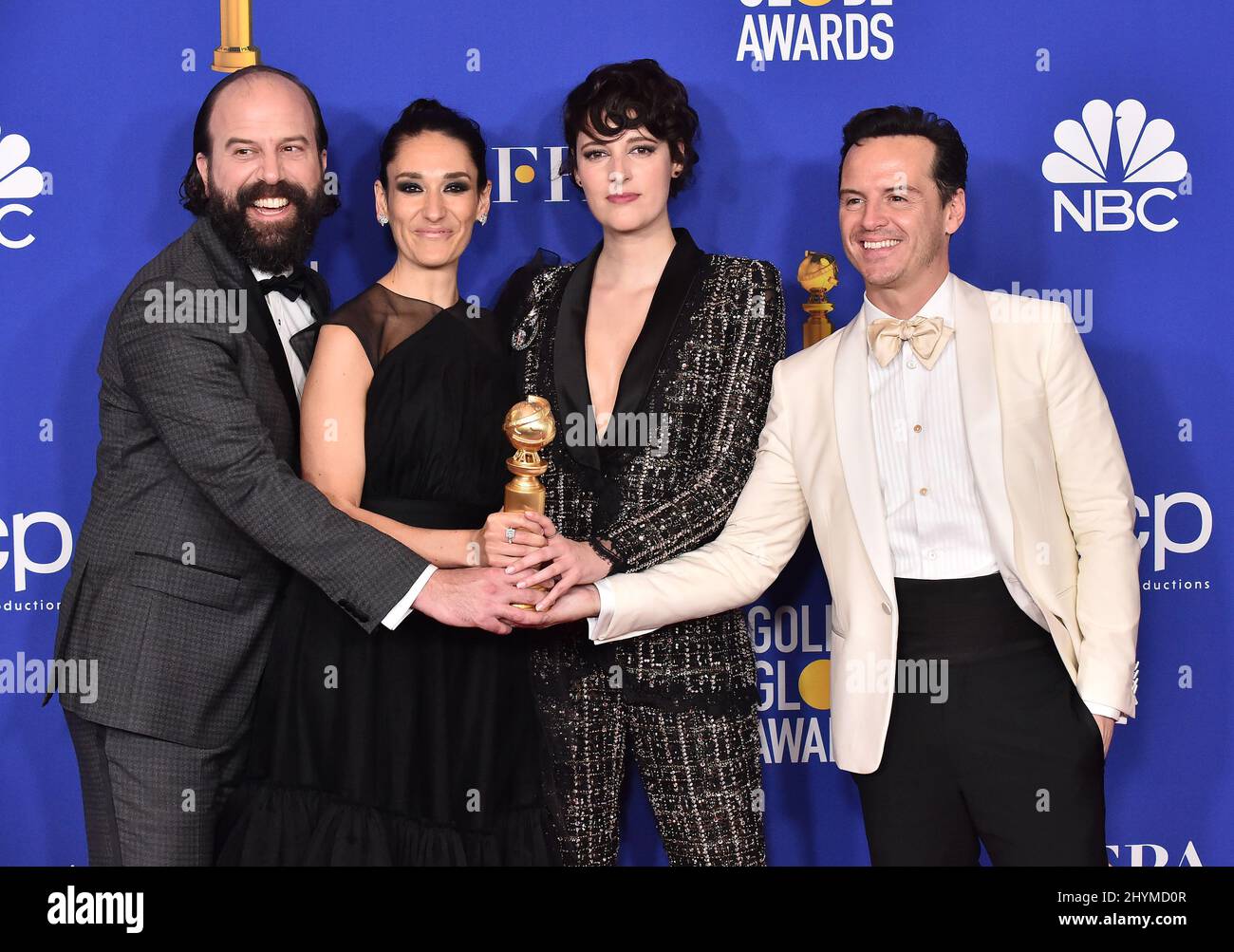 Brett Gelman, Sian Clifford, Phoebe Waller-Bridge e Andrew Scott nella sala stampa al Golden Globe Awards 2020 al Beverly Hilton Hotel Foto Stock