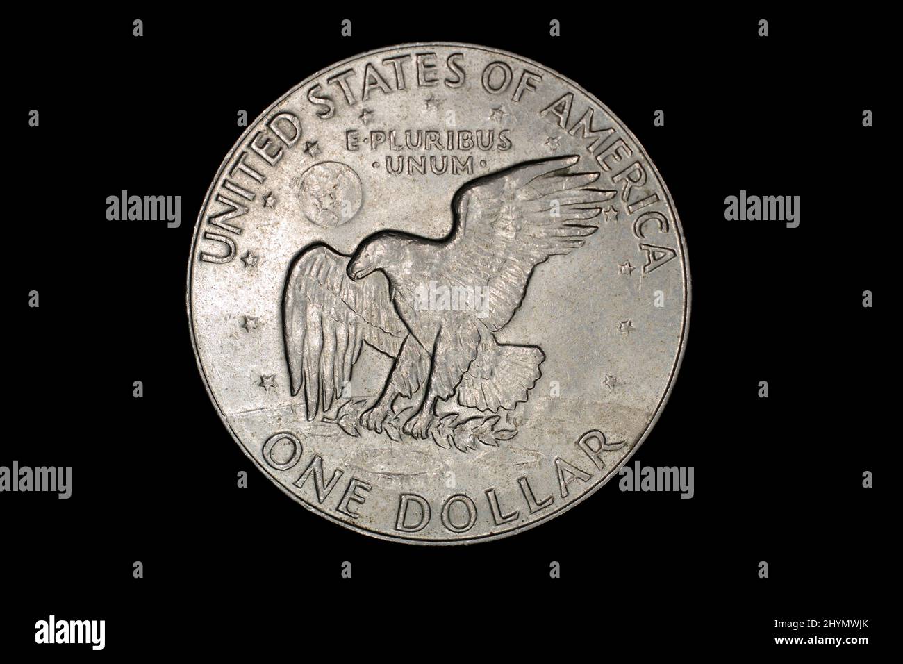 Reverse di una moneta americana del dollaro dal 1978, con l'iscrizione Stati Uniti d'America, il valore nominale di un dollaro e il latino dicendo E. Foto Stock