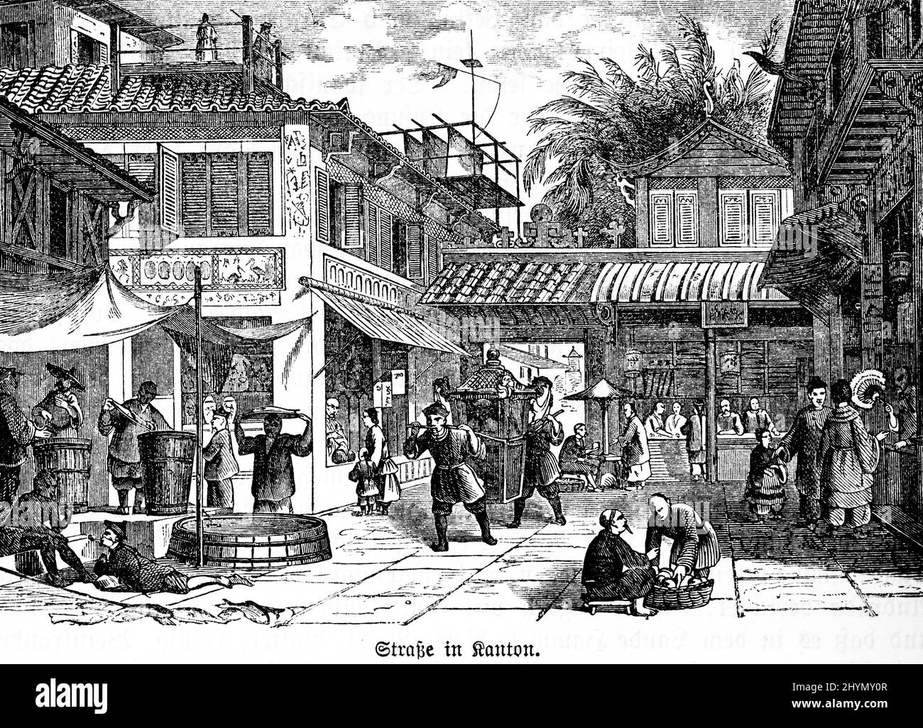 Scena di strada, molta gente, case, mercato, negozi, commercio, economia, barella, barile, cestino, Illustrazione storica 1885, Canton, Cina Foto Stock