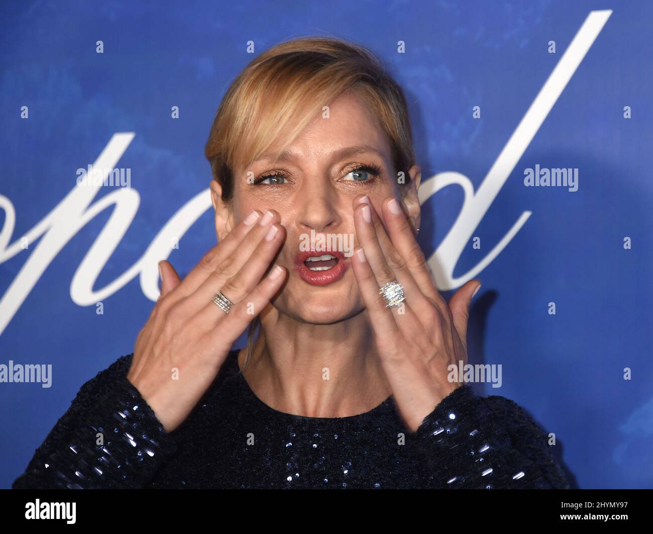 UMA Thurman alla Hollywood 2020 per il Global Ocean Gala in onore dell'HSH Prince Albert II di Monaco, tenutasi in una tenuta privata il 6 febbraio 2020 a Beverly Hills, Los Angeles. Foto Stock