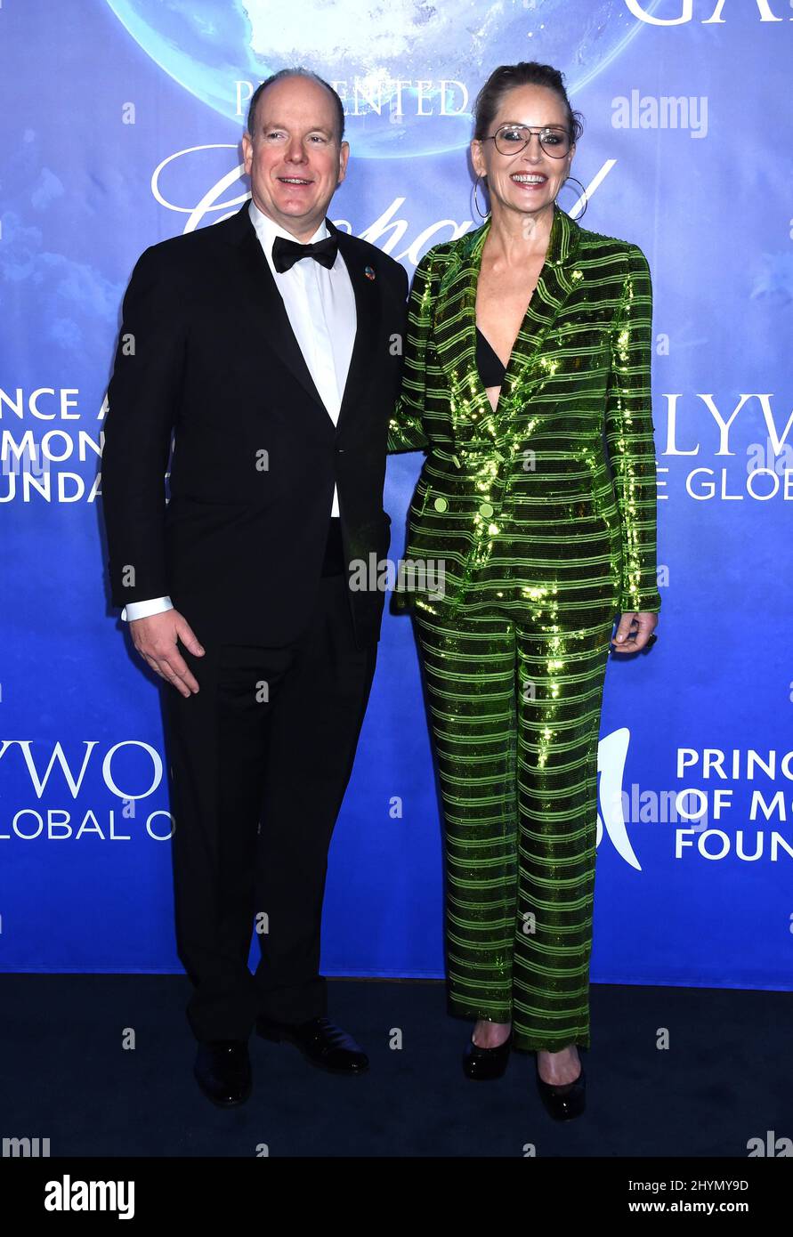 L'HSH Prince Albert II di Monaco e Sharon Stone all'Hollywood 2020 per il Global Ocean Gala in onore dell'HSH Prince Albert II di Monaco tenuto in una tenuta privata il 6 febbraio 2020 a Beverly Hills, Los Angeles. Foto Stock
