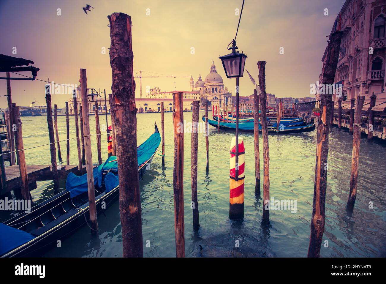 Splendida vista sul Canal Grande al tramonto. San Marco, Venezia, Italia, Europa. Mondo di bellezza. Filtro stile retrò. Effetto tonificante Instagram. Foto Stock
