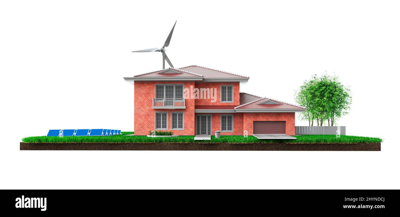 Eco Brick House con pannelli solari e turbina eolica su sfondo bianco, realistico 3D rendering illustrazione primo piano Foto Stock