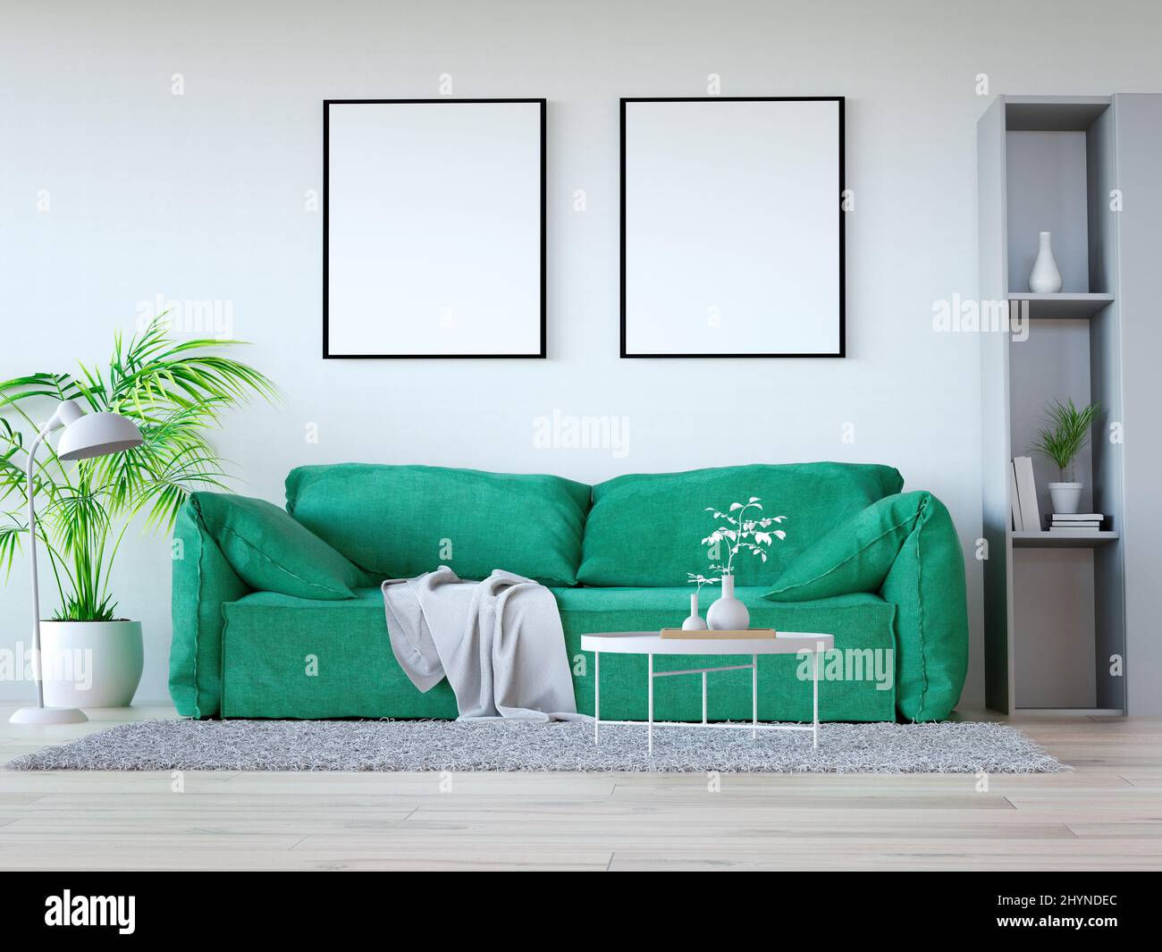 Interno del salotto con cornici mock-up sulla parete, realistico 3D rendering illustrazione primo piano Foto Stock