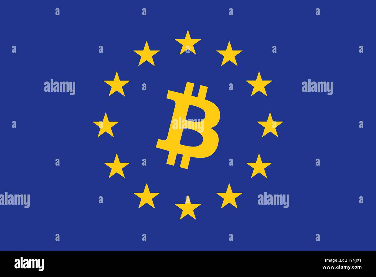 Bandiera d'Europa con il simbolo Bitcoin Foto Stock
