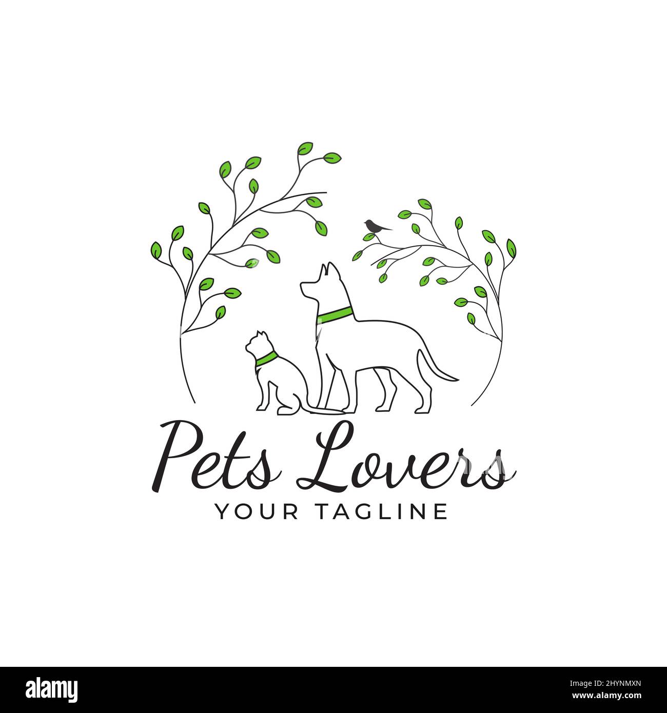 Linea stile cane e gatto logo design, circondato da piante Illustrazione Vettoriale
