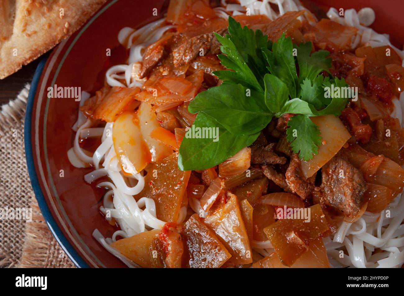 Piatto Uighur caldo servito con erbe e pane piatto. Foto Stock
