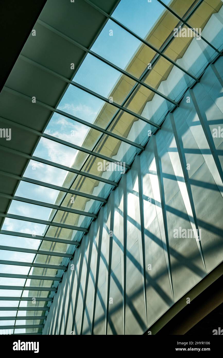 Disegno astratto della struttura di costruzione del soffitto di vetro, luce e ombra, immagine di vista di occhio di verme, luce del cielo, immagine verticale. Foto Stock