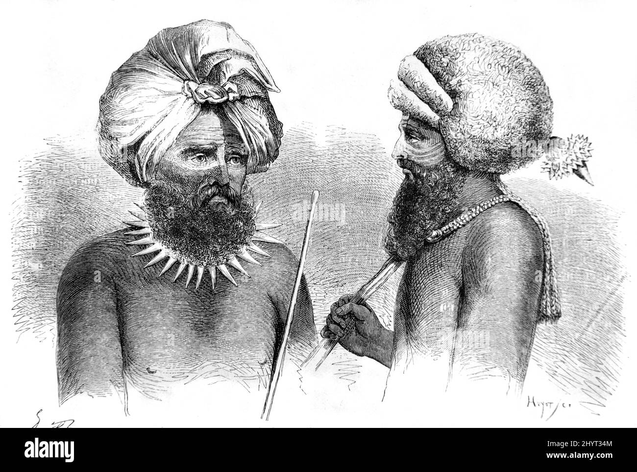 Figi indigene in nativo o tradizionale headdress e Face Paint Fiji.Vintage Illustrazione o incisione 1860. Foto Stock