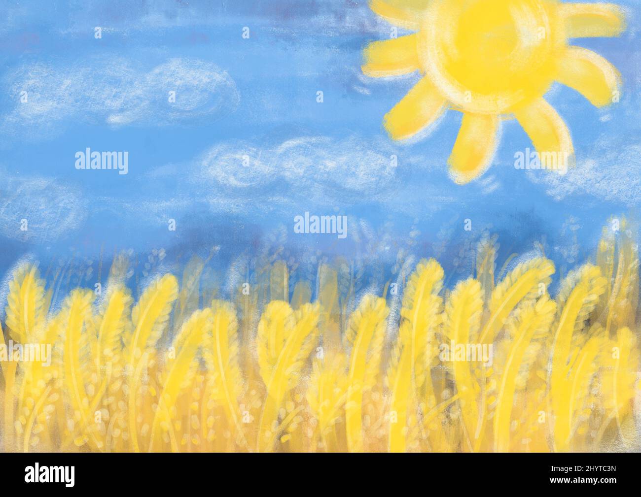 Guerra in Ucraina con la Russia. Cartoline per la pace , non vogliamo la guerra. Il sole, il cielo blu e il campo di grano sono gialli come simbolo di pace e prosperità. Alta qualità. Disegno a matita . Spazio di copia Foto Stock