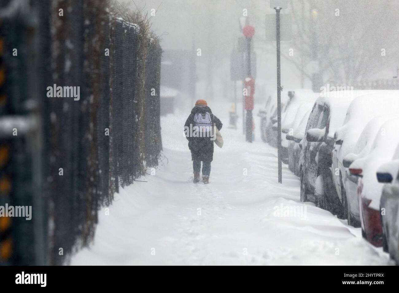 Persona che cammina sul marciapiede della città in una tempesta di neve a Boston Massachusetts Foto Stock
