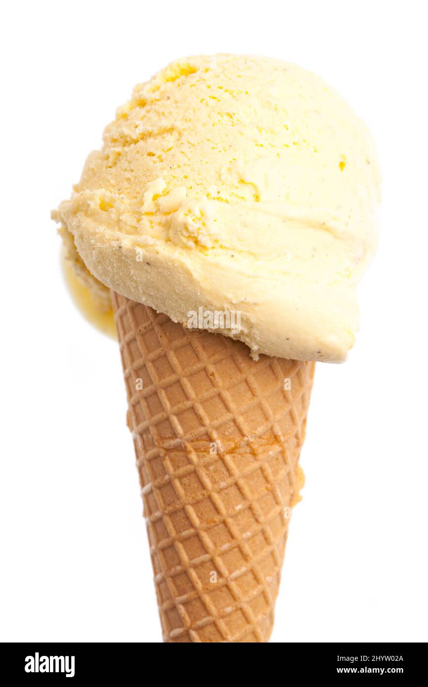 Primo piano del cono gelato con ghiaccio alla vaniglia Foto Stock