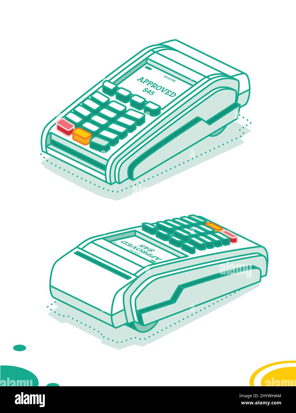 Terminale POS isometrico isolato su sfondo bianco. Macchina di pagamento. Pagamento NFC sicuro senza contatto. Illustrazione vettoriale. Cassiere online. Illustrazione Vettoriale