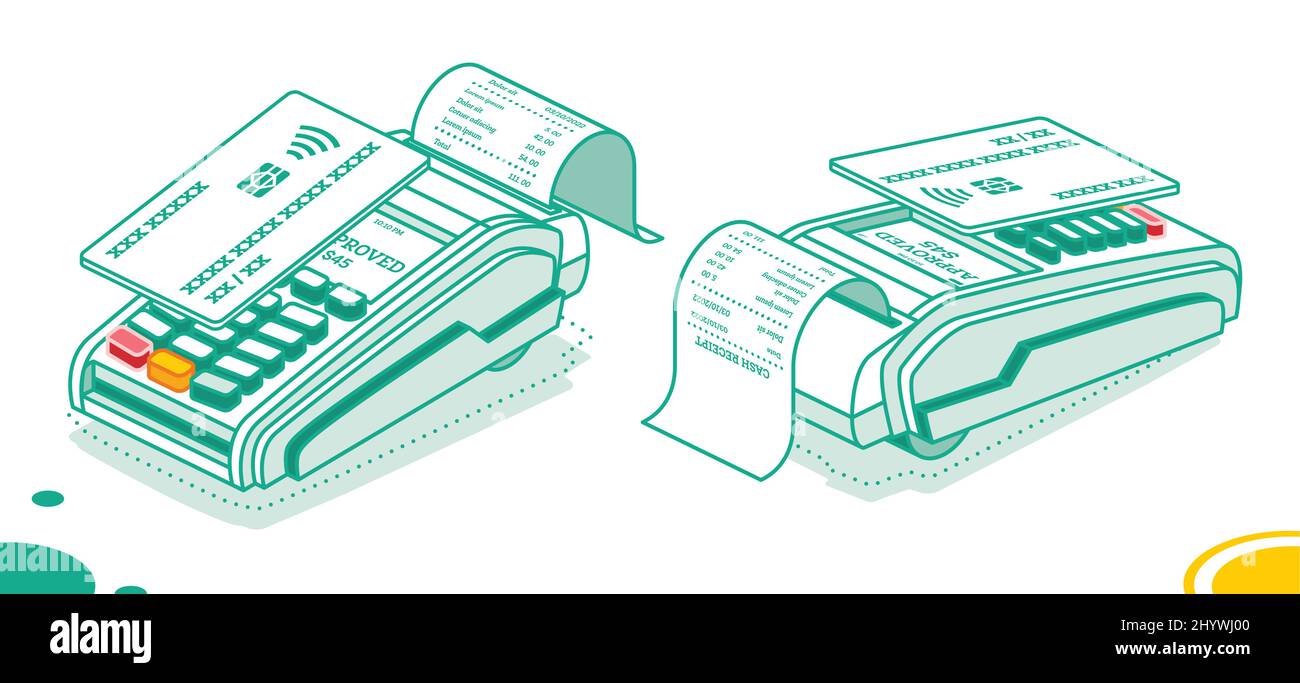 Terminale POS isometrico con ricevuta di cassa isolata su sfondo bianco. Macchina di pagamento. Pagamento NFC sicuro senza contatto. Illustrazione vettoriale. Illustrazione Vettoriale