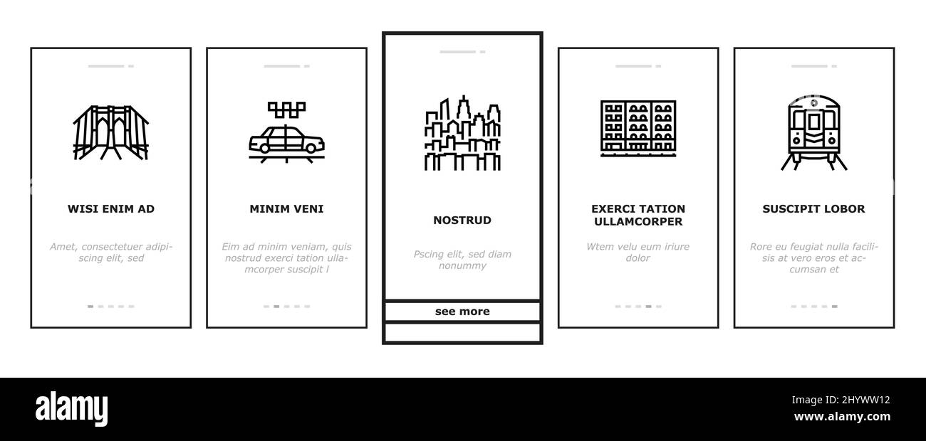 New York American City Landmarks Onboarding icone set Vector Illustrazione Vettoriale