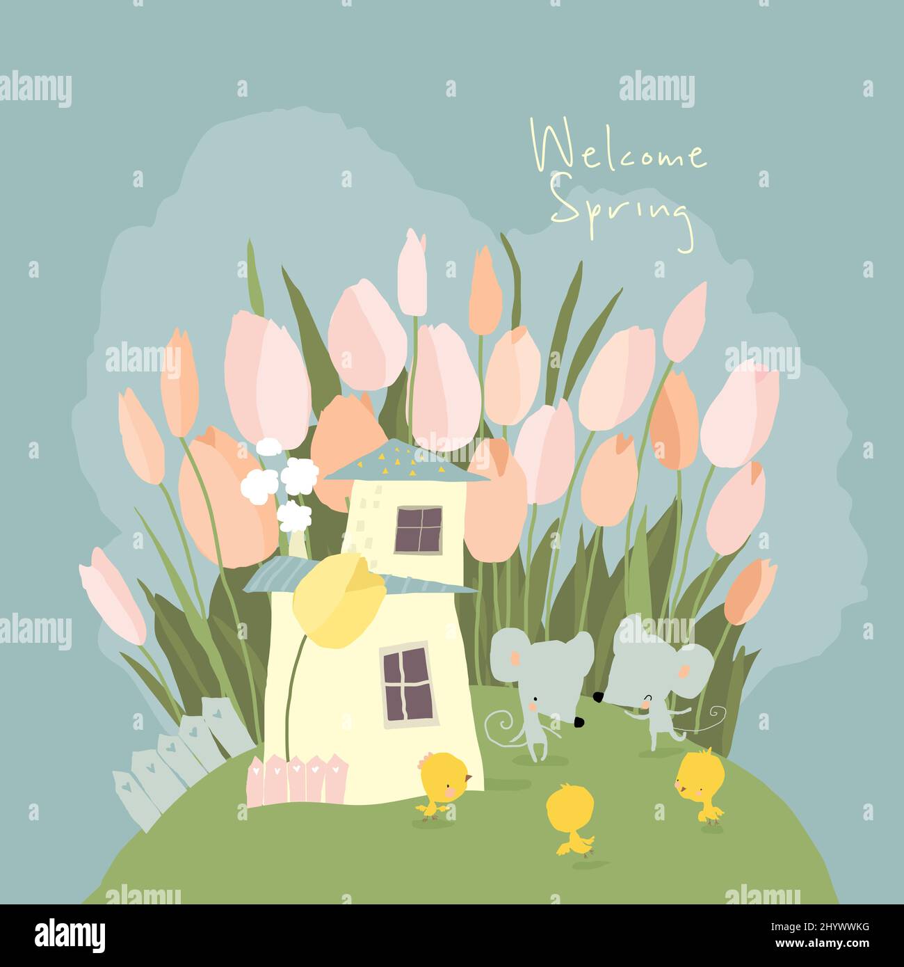 Carino mouse Cartoon riunione primavera su Flowers Meadow Illustrazione Vettoriale