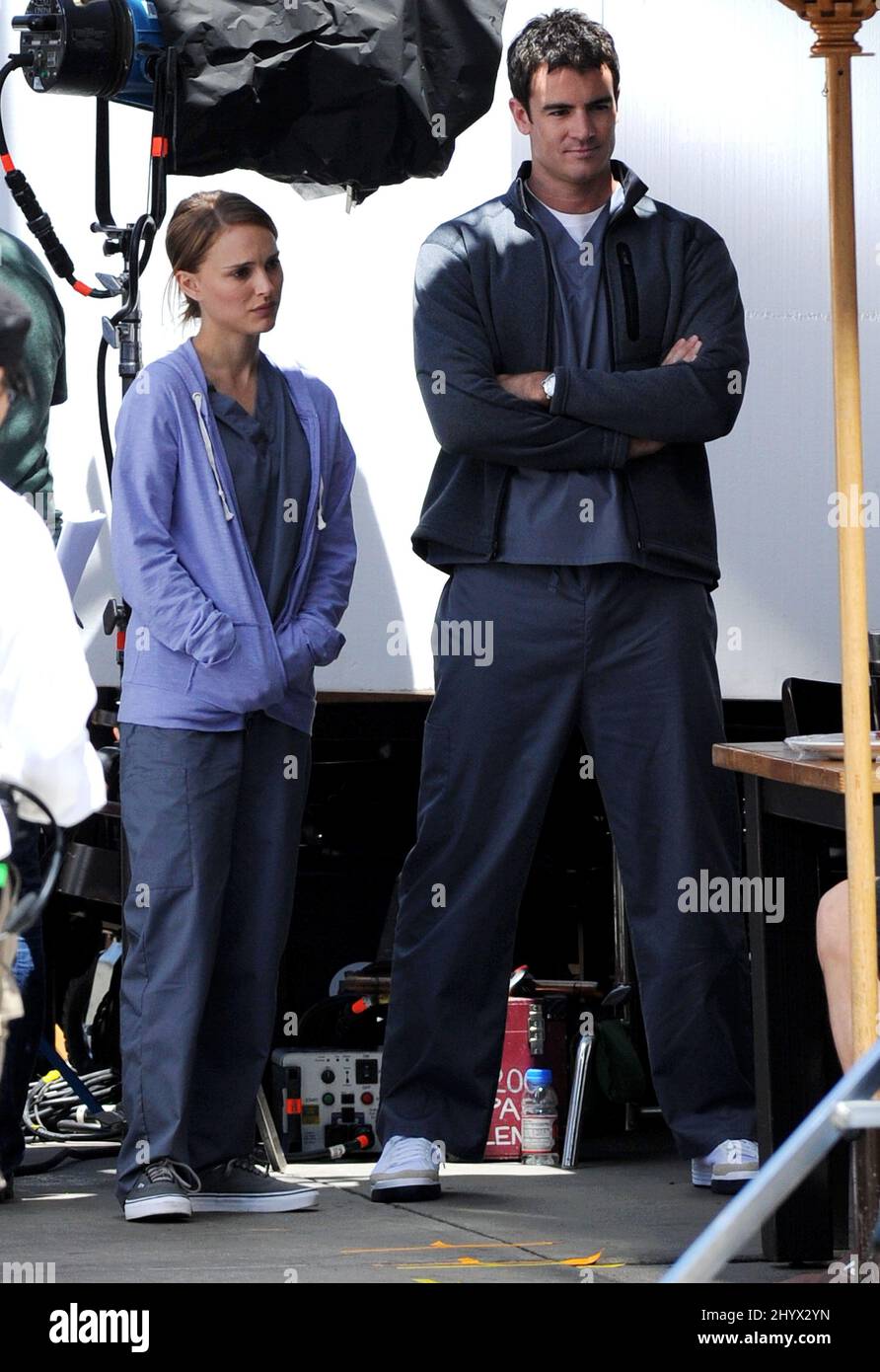 Natalie Portman sul set del nuovo film "amici con benefici" al Toast a West Hollywood a Los Angeles, USA. Foto Stock