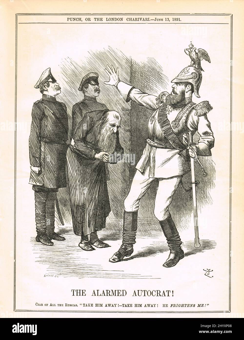 L'autocrat allarmato. Punch Cartoon del 1891 di John Tenniel lamentando lo zar Alessandro III di Russia per l'espulsione della maggior parte degli ebrei da Mosca Foto Stock