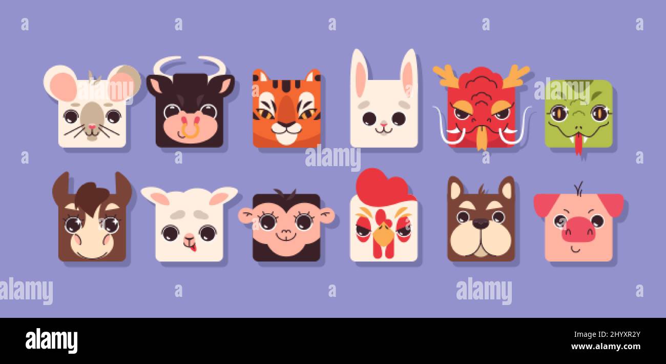 Piatto cinese zodiaco elementi animali per mesi anno. Simpatico e colorato volto di animali quadrati. Set di icone dell'avatar dell'app, canti di design. La testa della collezione dei capretti forma del simbolo dell'animale domestico nel calendario della cina. Illustrazione Vettoriale