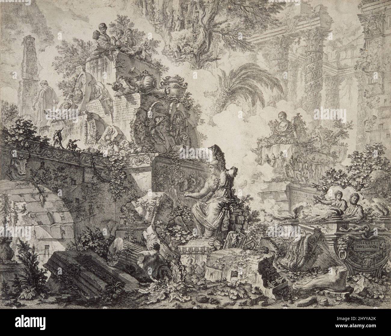 Frontespizio: Fantasia di rovine con una statua di Minerva al centro in primo piano. Giovanni Battista Piranesi (Italia, Mogliano, 1720-1778). Italia, circa 1748. Stampe; incisioni. Acquaforte Foto Stock