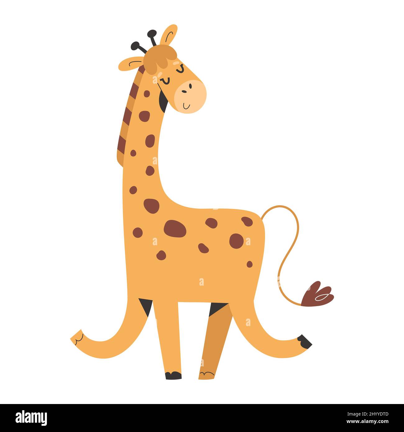 Cute giraffa africana danzare e sorridere, disegno Vector in stile scandinavo. Illustrazione vettoriale isolata su sfondo bianco Illustrazione Vettoriale