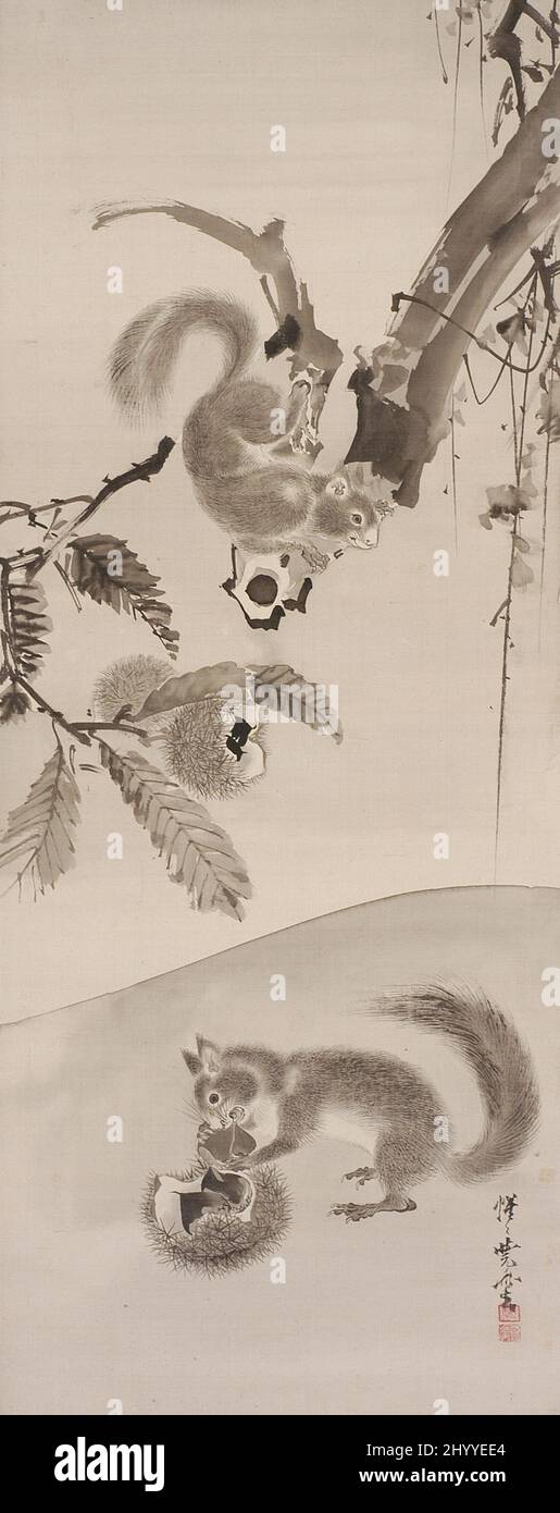 Scoiattoli che mangiano castagne. Kawanabe Kyōsai (Giappone, 1831-1889). Giappone, 1886. Quadri; scorre. Rotolo sospeso; inchiostro su seta montato come rotolo sospeso Foto Stock